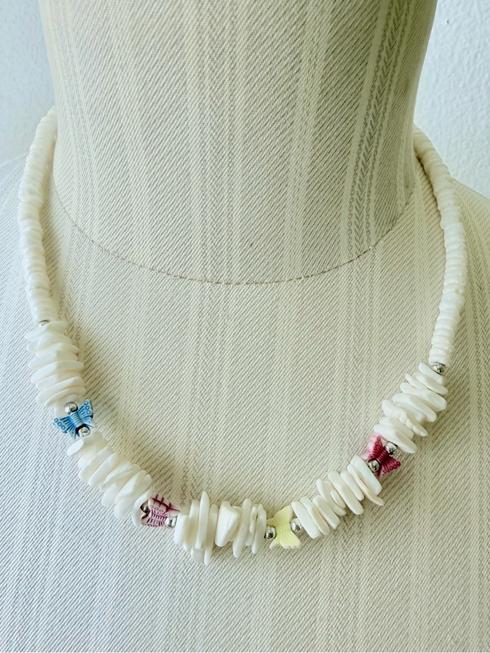 Vintage White Puka Shell Choker Necklace with Colorful Ceramic Butterfly Beads